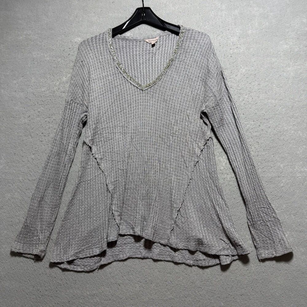 Juicy Couture Gray Sparkly V-Neck Knit Flowy Metallic Long Sleeve Top Large